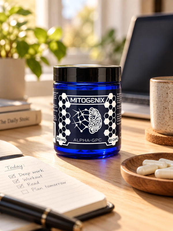 MitoGenix jar reused as a Focus Stack on a home desk with a daily task notebook