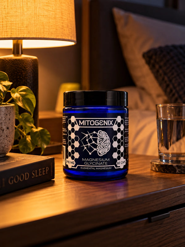 MitoGenix jar reused as a Night Stack on a bedside table