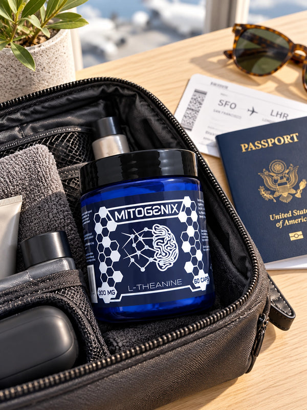 MitoGenix jar reused as a Travel Stack in a travel toiletry bag with passport
